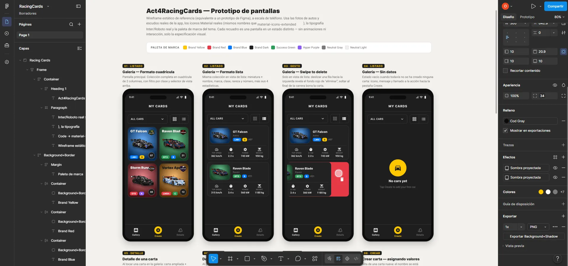 Vista general del canvas de Figma con las 9 pantallas del wireframe