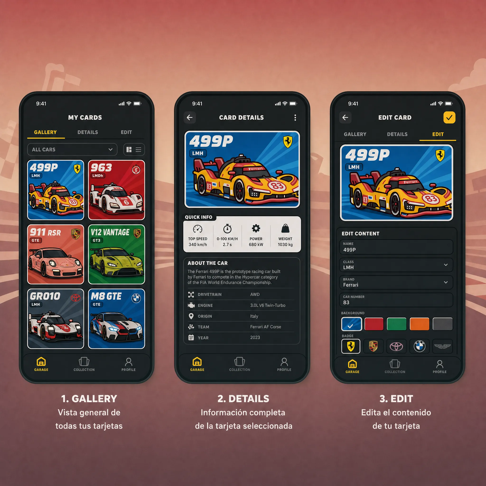 Primera referencia visual generada con IA: Gallery, Card Details y Edit Card